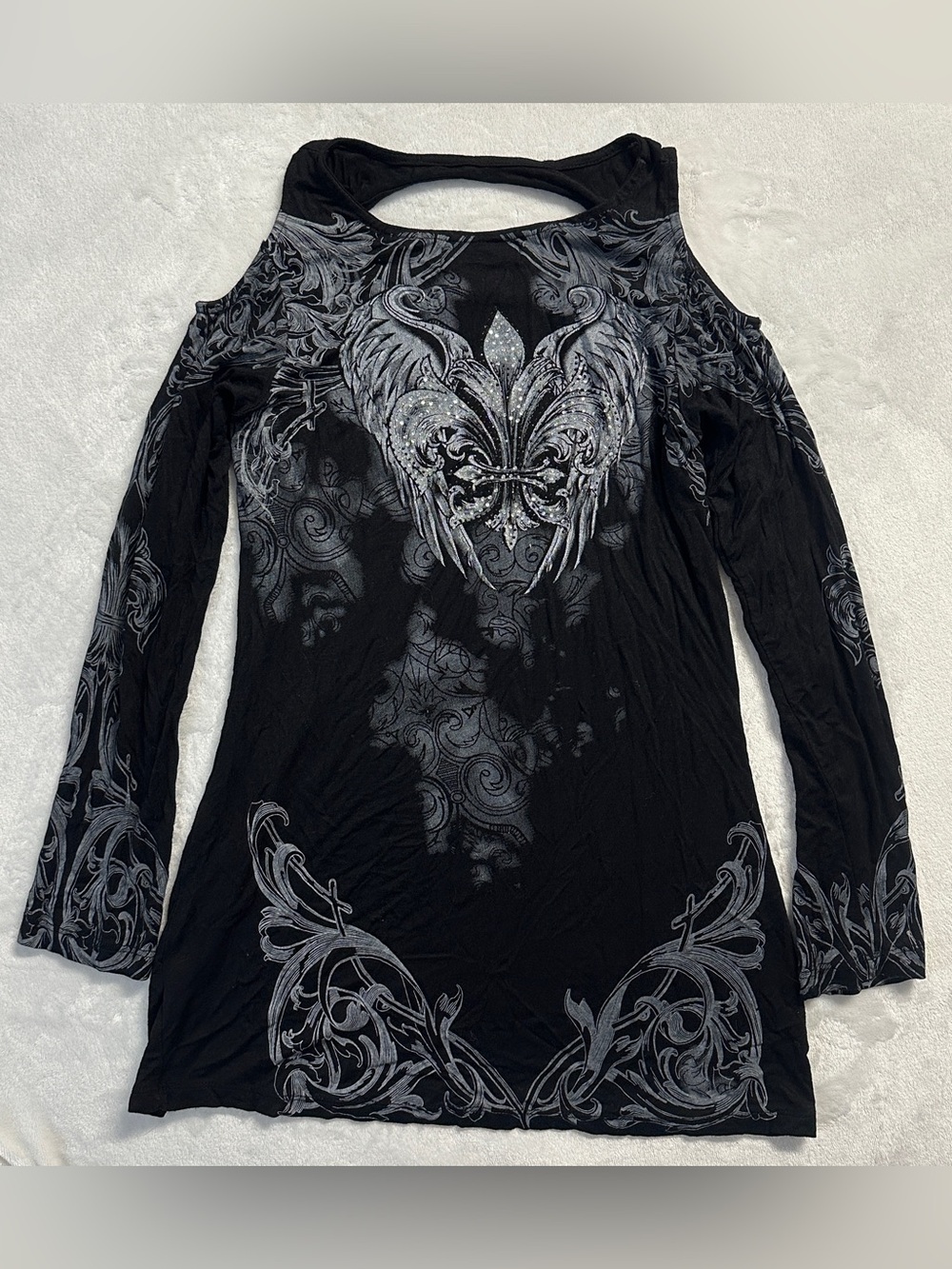 Y2K CANDY COUTURE women's black silver punk fleur de lis off shoulder top, S-M - Picture 4 of 5